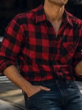 VTG 60s SEARS Flannel Shirt Red Black Buffalo Plaid Wool Mens L